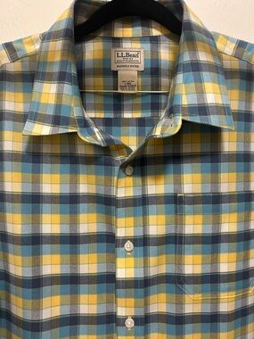 L.L. Bean Men's Yellow and Blue Plaid Button-Down Shirt